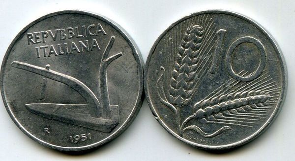 Монета 10 лир 1951г Италия