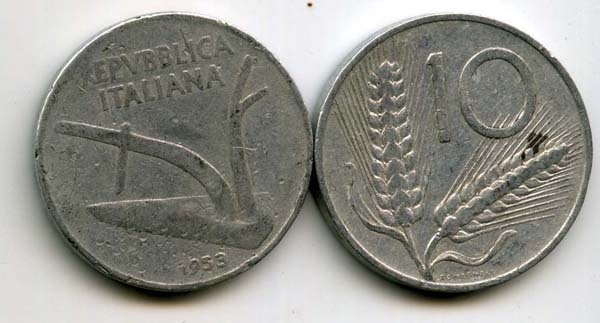 Монета 10 лир 1953г Италия