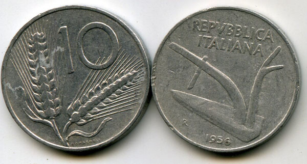 Монета 10 лир 1956г Италия
