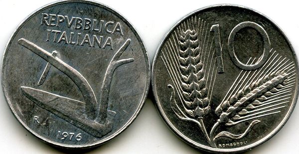 Монета 10 лир 1976г Италия