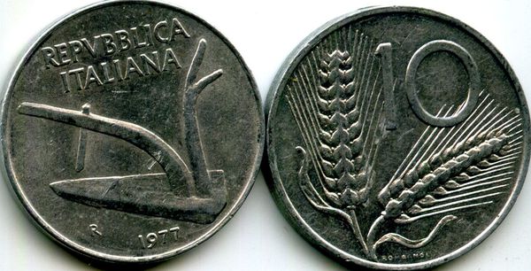 Монета 10 лир 1977г Италия