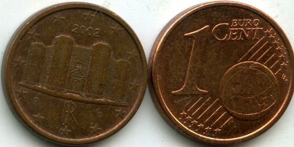 Монета 1 евроцент 2002г Италия