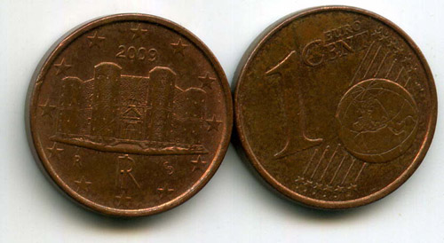 Монета 1 евроцент 2009г Италия