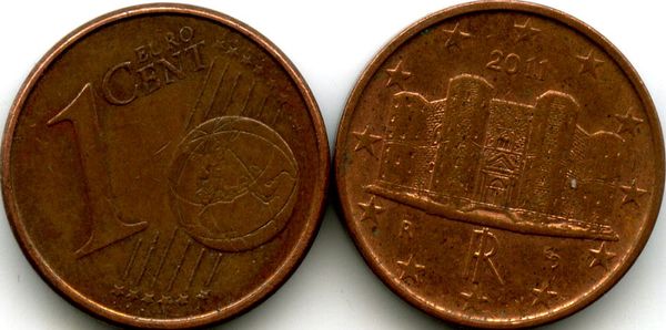 Монета 1 евроцент 2011г Италия