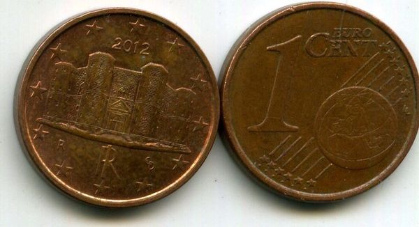 Монета 1 евроцент 2012г Италия