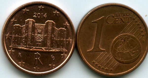 Монета 1 евроцент 2014г Италия