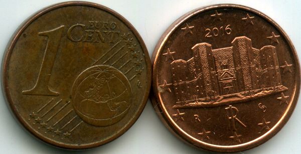 Монета 1 евроцент 2016г Италия