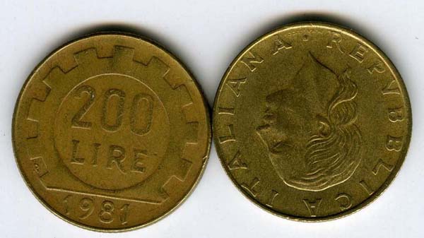 Монета 200 лир 1981г Италия