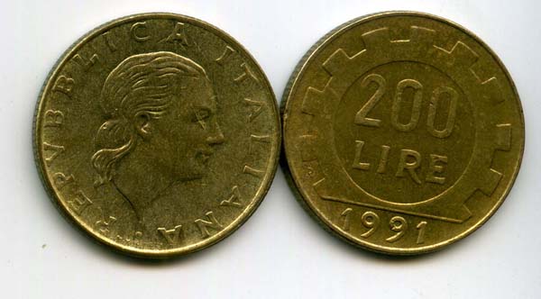 Монета 200 лир 1991г Италия