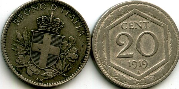 Монета 20 чентезимо 1919г Италия