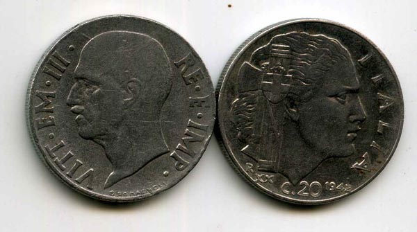 Монета 20 чентезимо 1942г маг 21,5 Италия