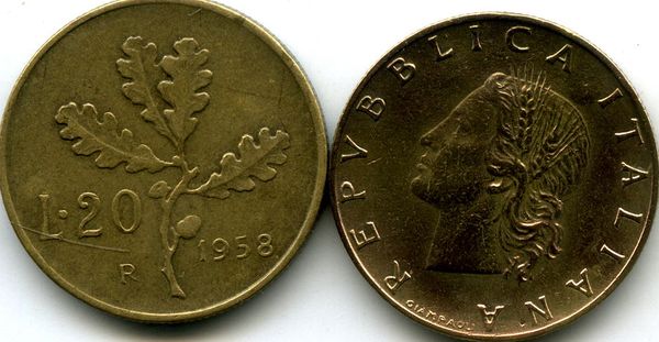 Монета 20 лир 1958г Италия