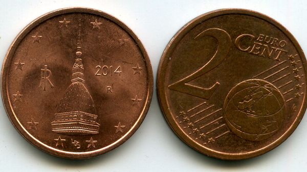 Монета 2 евроцента 2014г Италия