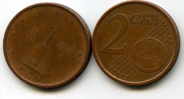 Монета 2 евроцента 2002г Италия