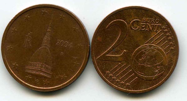 Монета 2 евроцента 2004г Италия