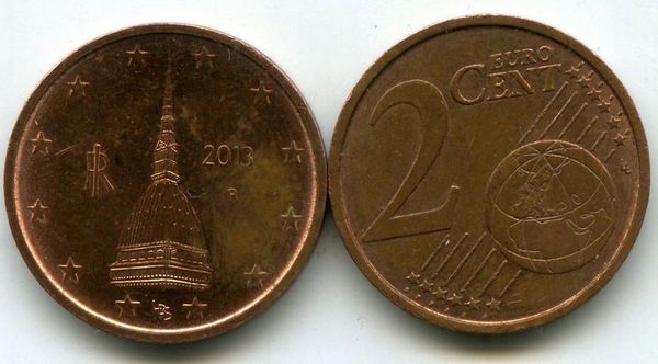 Монета 2 евроцента 2013г Италия