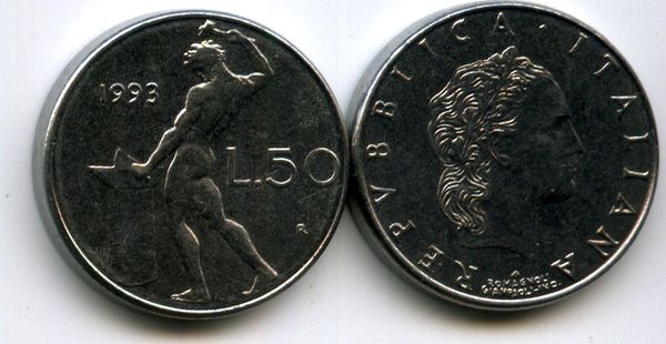 Монета 50 лир 1993г Италия