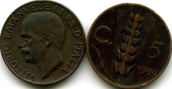 Монета 5 чентезимо 1929г Италия