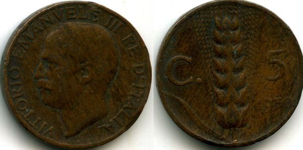 Монета 5 чентезимо 1930г Италия