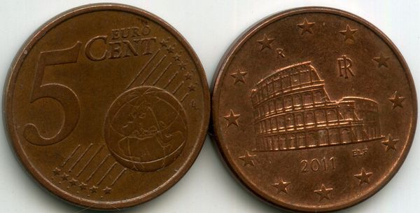Монета 5 евроцента 2011г Италия