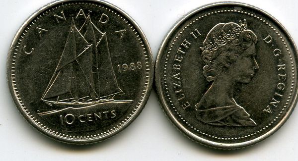 Монета 10 центов 1988г Канада