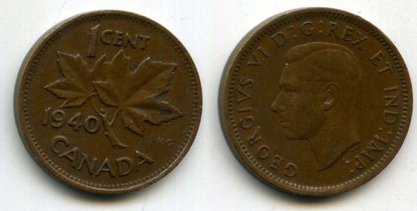 Монета 1 цент 1940г Канада
