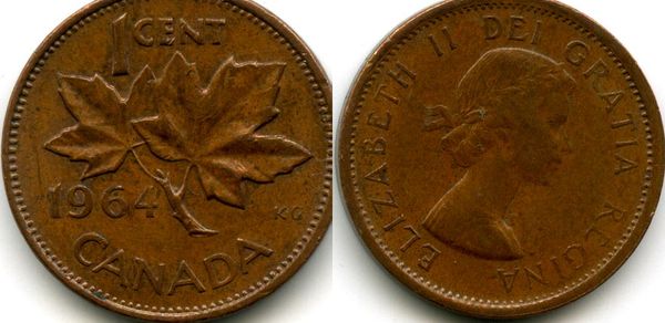 Монета 1 цент 1964г Канада