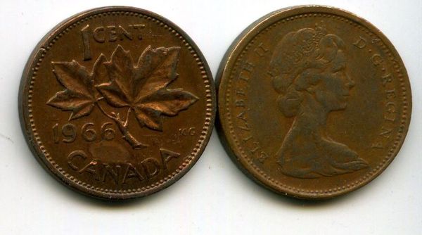 Монета 1 цент 1966г Канада
