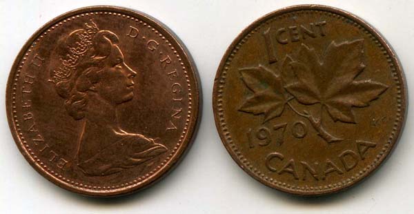 Монета 1 цент 1970г Канада