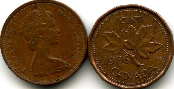 Монета 1 цент 1986г Канада
