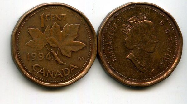 Монета 1 цент 1994г Канада