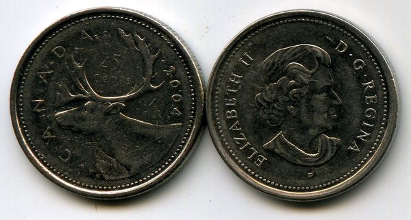 Монета 25 центов 2004г Канада