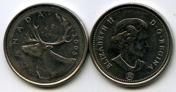 Монета 25 центов 2005г Канада