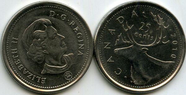Монета 25 центов 2010г Канада