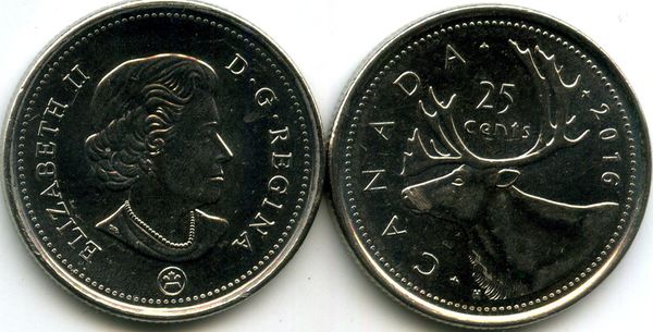Монета 25 центов 2016г Канада