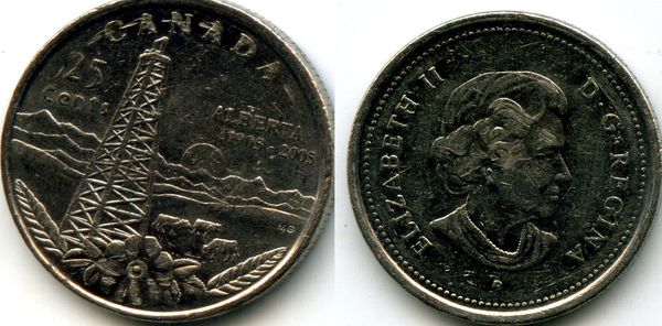 Монета 25 центов 2005г Альберта Канада