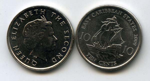 Монета 10 центов 2009г Карибские острова