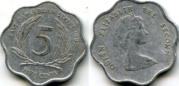 Монета 5 центов 1992г Карибские острова