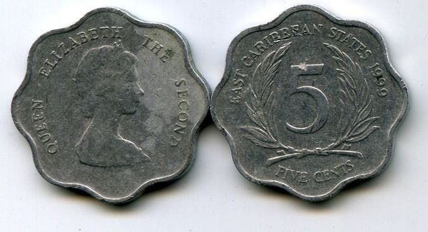 Монета 5 центов 1999г Карибские острова