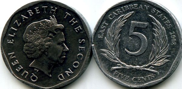 Монета 5 центов 2008г Карибские острова