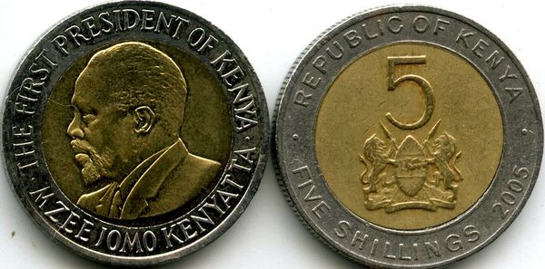 Монета 5 шиллингов 2005г Кения