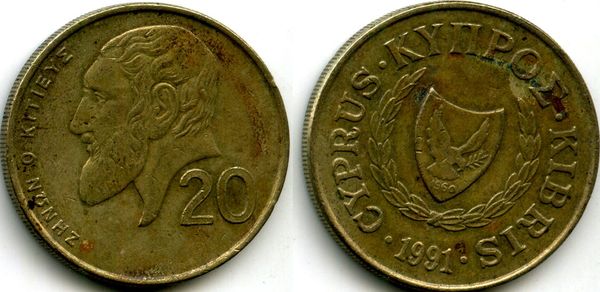 Монета 20 центов 1991г Кипр
