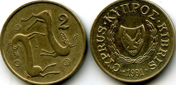 Монета 2 цента 1991г Кипр