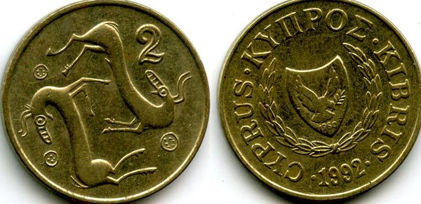 Монета 2 цента 1992г Кипр