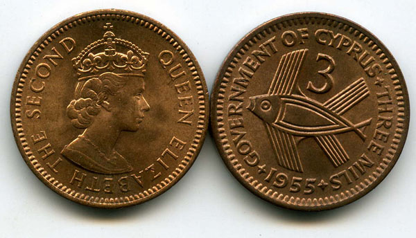 Монета 3 милса 1955г Кипр