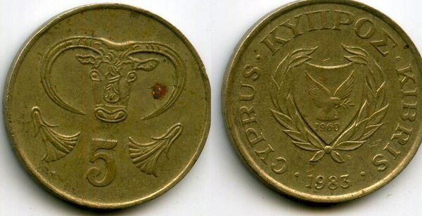 Монета 5 центов 1983г Кипр
