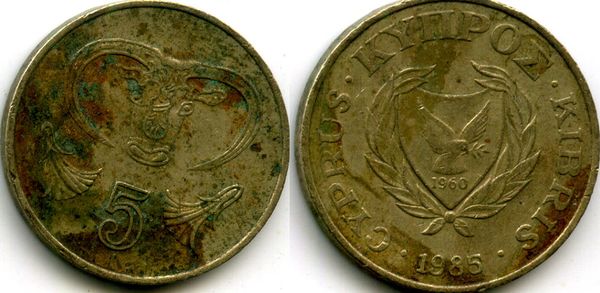 Монета 5 центов 1985г Кипр
