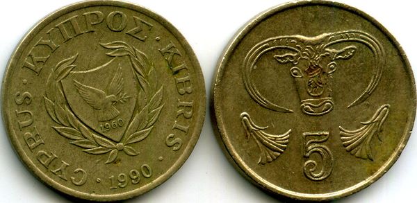 Монета 5 центов 1990г Кипр