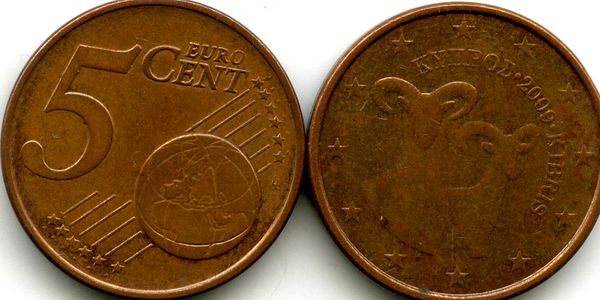 Монета 5 евроцентов 2009г Кипр