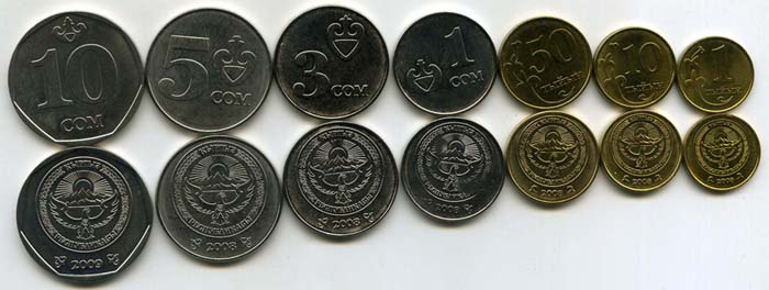 Набор монет (неполный) 10,50тыйын 1,3,5,10 сом 2008 года Киргизия